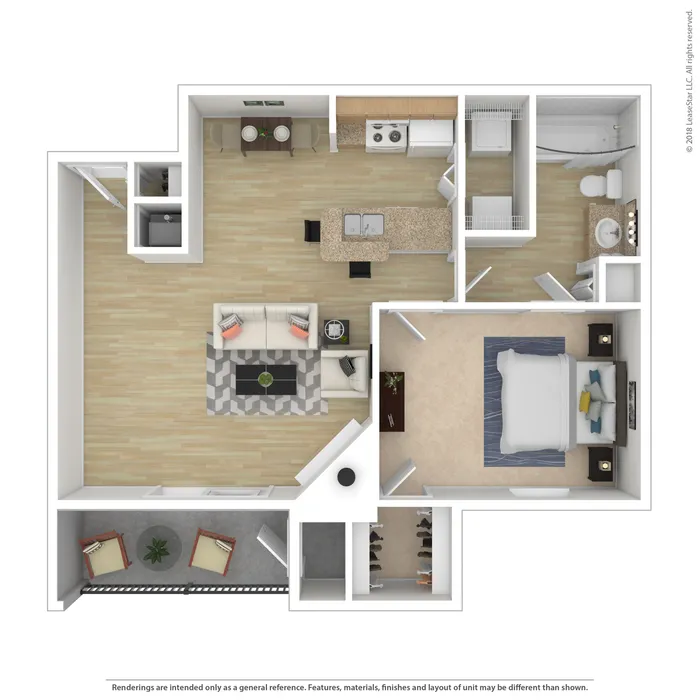 Charming 3D floor plan showcasing a cozy one-bedroom apartment with an open living area, modern kitchen, and private balcony.