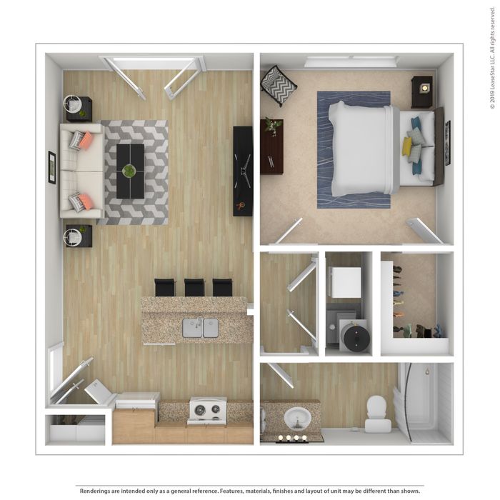 Modern floor plan showcasing a sleek open-concept living area with kitchen, elegant bedroom, and stylish bathroom layout.