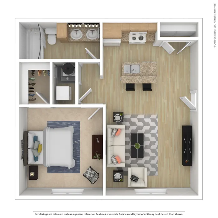 Inviting 1-bedroom apartment floor plan with open-concept living and dining area, sleek kitchen, and modern bathroom design.