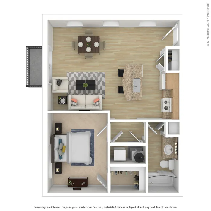 Modern 1-bedroom apartment floor plan with open living area, sleek kitchen, and private balcony.