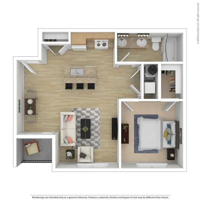 Modern 1-bedroom apartment floor plan featuring an open-concept kitchen and living area, cozy dining space, balcony, and stylish bathroom.