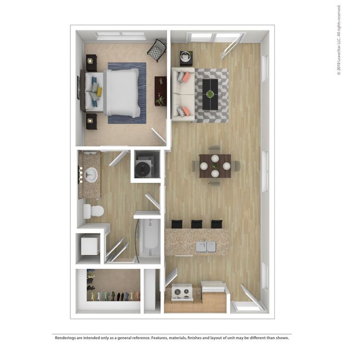 Modern 3D floor plan featuring a cozy 1-bedroom layout, with an open living and dining area, stylish kitchen, and elegant bathroom.