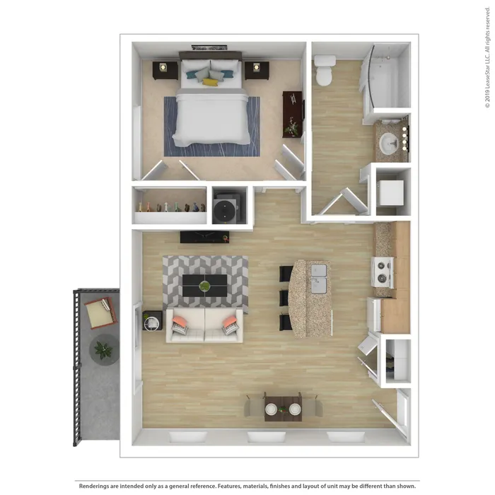 Modern 2D floor plan featuring 1 bedroom, open living and dining area, sleek kitchen with island, and a private balcony.