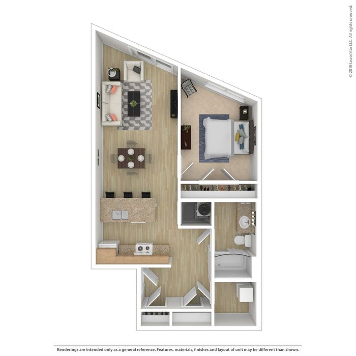 Modern angled floor plan with one bedroom, an open living-dining area, and a compact kitchen.