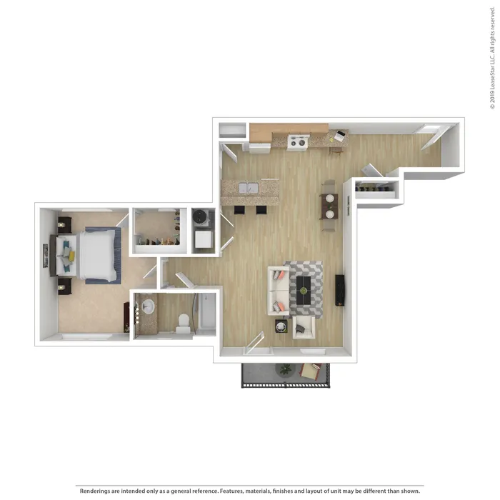 Modern open-concept floor plan featuring a spacious 1-bedroom apartment with a stylish living room, contemporary kitchen, and private balcony.