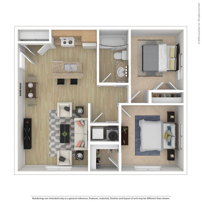 Contemporary 2D floor plan showcasing 2 cozy bedrooms, open-plan kitchen with island, stylish living room, and elegant bathroom layout.