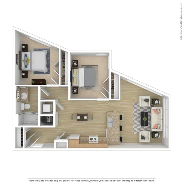 Contemporary floor plan with 2 bedrooms, an open-concept kitchen, cozy living room, and modern bathroom.