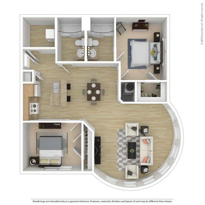 Contemporary floor plan showcasing 2 bedrooms, open kitchen with island, stylish dining area, and spacious living room with curved window design.