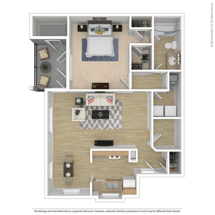 Modern 3D floor plan showcasing a spacious bedroom, open-concept living and dining area, sleek kitchen, and cozy balcony.