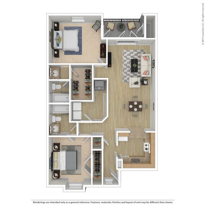Modern floor plan showcasing two spacious bedrooms, two bathrooms, open-concept living and dining area, and a cozy balcony.