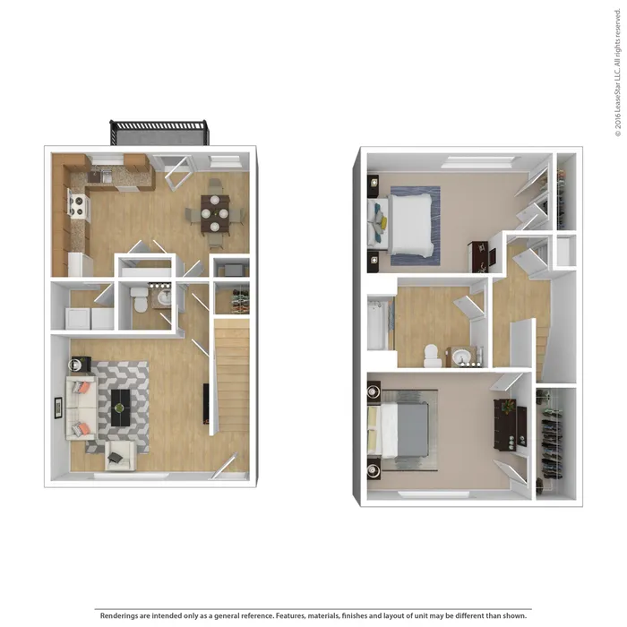 Charming 2D floor plan displaying two levels with 2 bedrooms, cozy living area, modern kitchen, and dining space, ideal for elegant living.