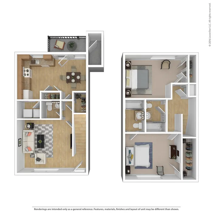 Modern 2-story floor plan showcasing 2 bedrooms, open-concept living area, custom kitchen, and private balcony.