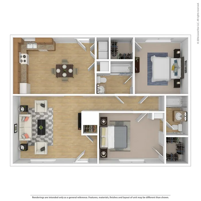 Contemporary 2-bedroom apartment floor plan featuring a spacious open kitchen, inviting living room, and two modern bathrooms with closet space.