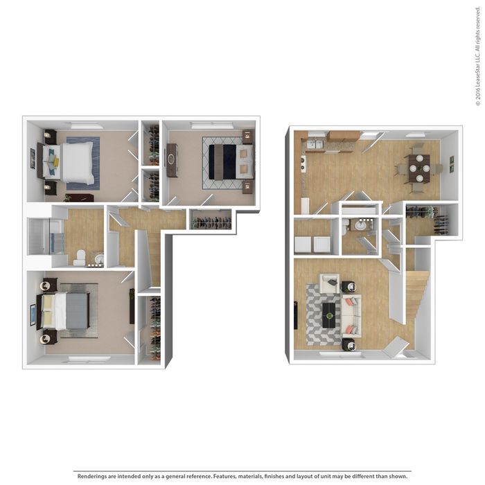 Modern 3D floor plan showcasing two bedrooms, elegant living room, open kitchen, and dining area, perfect for stylish urban living.