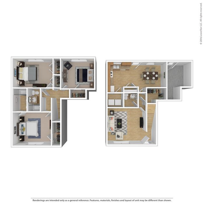 Elegant 3D floor plan showcasing a two-level layout with a cozy living room, modern kitchen, 2 bedrooms, and stylish dining area.