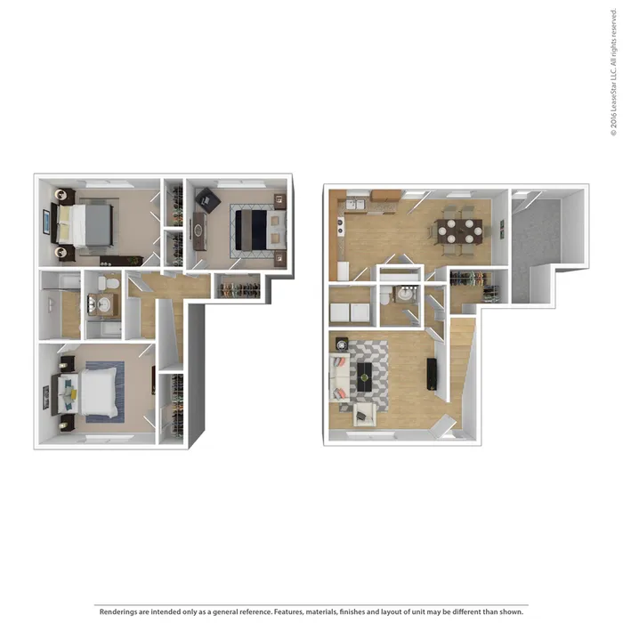 Inviting two-story floor plan featuring a spacious living room, modern kitchen with dining area, two cozy bedrooms, and a chic bathroom.