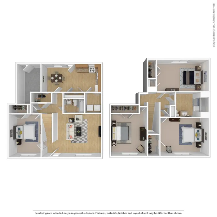 Elegant 3D floor plan showcasing a two-story apartment with 3 spacious bedrooms, an inviting open-concept living room, and a modern kitchen with dining area.