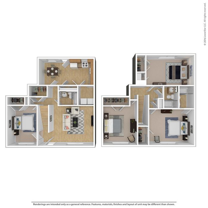 Modern 3D floor plan showcasing a stylish multi-level apartment with two bedrooms, sleek kitchen, and inviting living area.