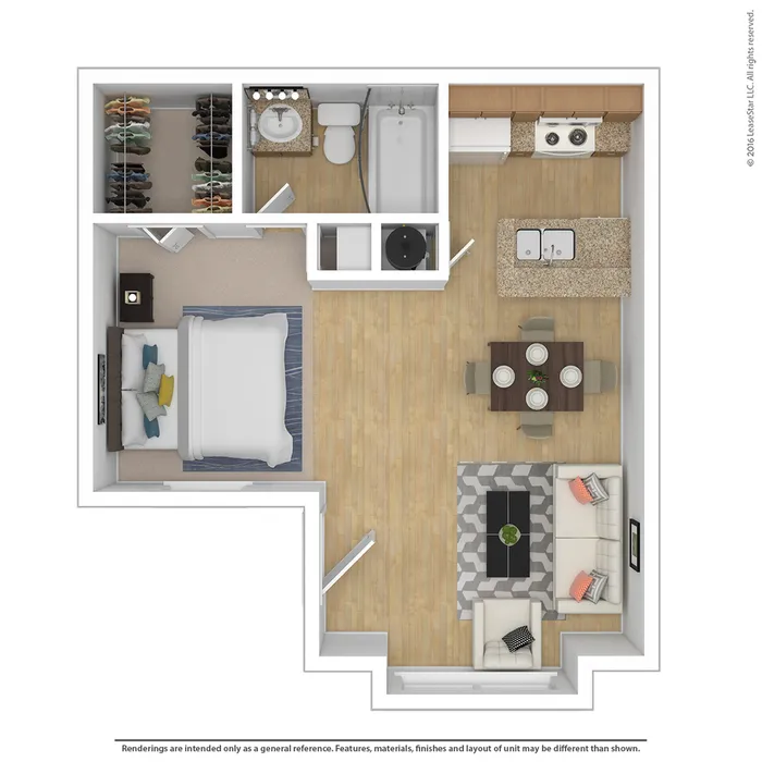 Modern one-bedroom apartment floor plan featuring an open-concept living area, stylish kitchen with an island, cozy dining space, and a chic en-suite bathroom with ample closet storage.