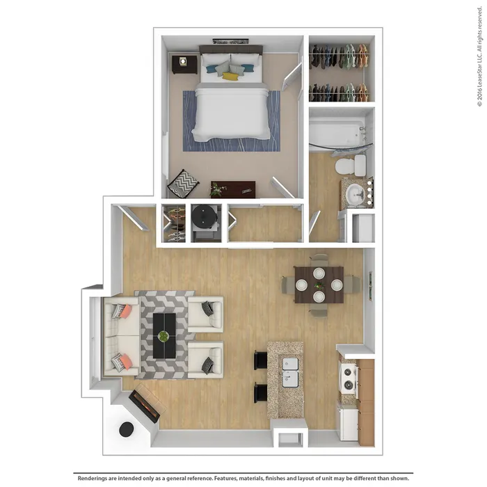 Modern 2D floor plan with 1 bedroom, cozy living room, sleek kitchen, and elegant dining area.