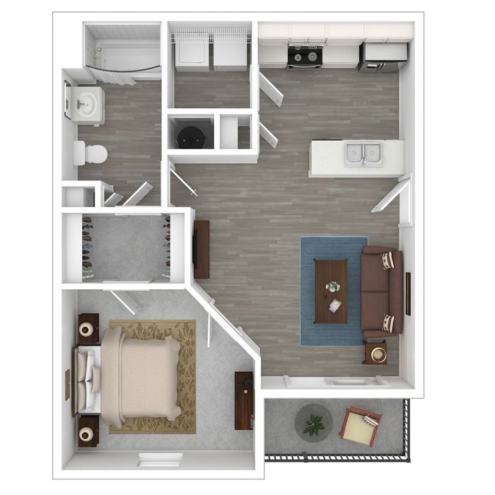 Modern 1-bedroom apartment floor plan with open-concept living area and cozy balcony.