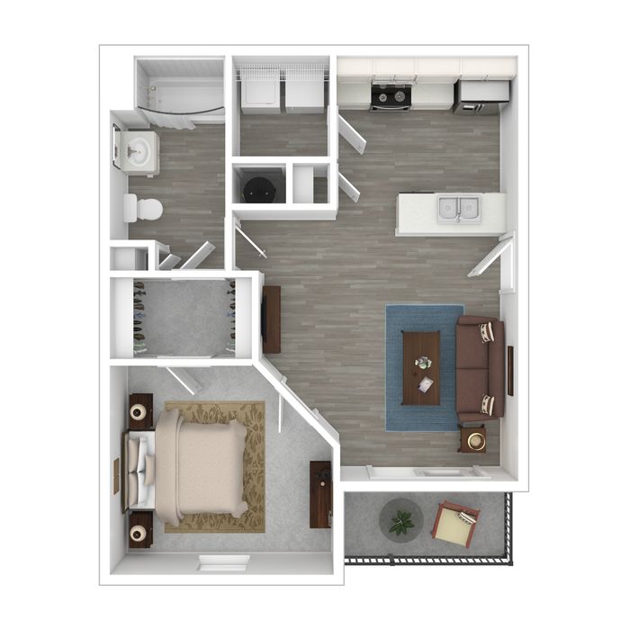Modern 1-bedroom apartment floor plan with spacious kitchen, cozy living area, stylish bathroom, and inviting balcony.