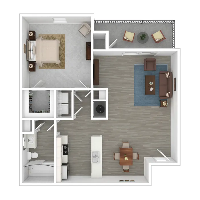 Modern 1-bedroom apartment floor plan with open-concept living and dining areas, stylish kitchen, cozy bedroom, and private balcony.