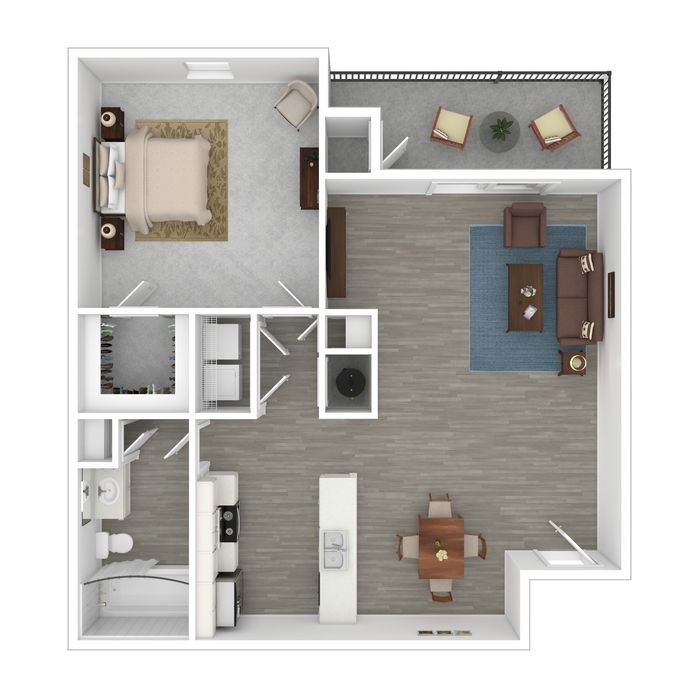 Modern 1-bedroom apartment floor plan with open living area, stylish kitchen, and cozy outdoor patio.