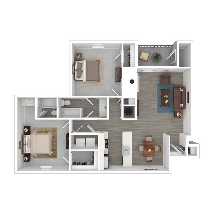 Modern floor plan showcasing 2 bedrooms, 2 bathrooms, an open-concept kitchen, and a cozy living area.