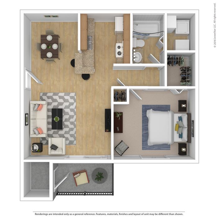 Modern 1-bedroom apartment floor plan showcasing an open-concept living and dining area, efficient kitchen design, cozy bedroom, and private balcony.