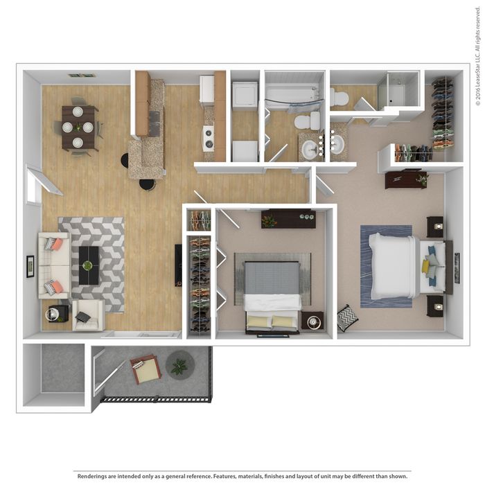 Modern 1-bedroom floor plan featuring an open-concept living area, stylish kitchen with breakfast bar, and private balcony with seating.