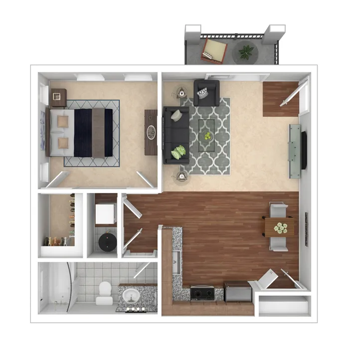 Charming 2D apartment floor plan featuring a cozy bedroom, modern living area, stylish kitchen, and inviting balcony.