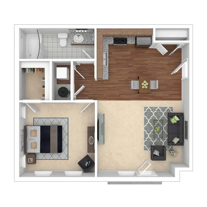 Modern 3D floor plan showcasing a spacious 1-bedroom apartment with an open-concept living and dining area, elegant kitchen, and stylish bathroom.