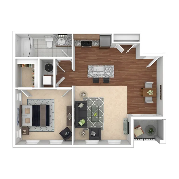 Chic 1-bedroom floor plan with open-concept kitchen and living area, featuring cozy balcony and stylish bathroom.