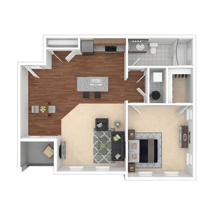 Modern 2D floor plan showcasing a chic 1 bedroom apartment with open-concept kitchen, stylish living area, spacious closet, and elegant bathroom, perfect for comfortable urban living.