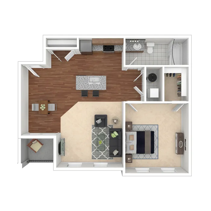 Modern 3D floor plan showcasing an open kitchen, dining area, spacious living room, bedroom, and bathroom with walk-in closet.