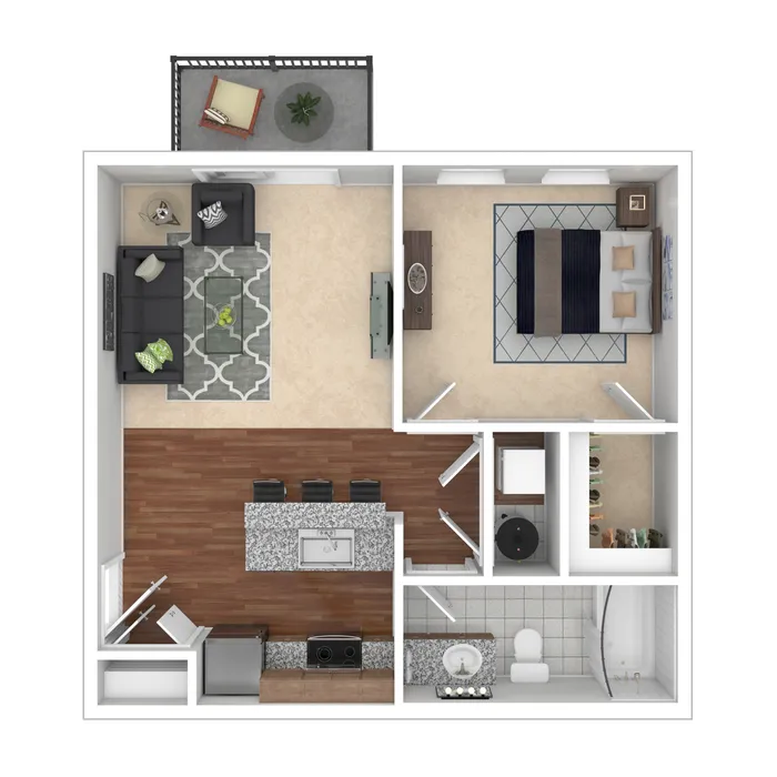 Modern apartment floor plan showcasing a spacious bedroom, stylish living area, balcony, and kitchen with a bar counter.