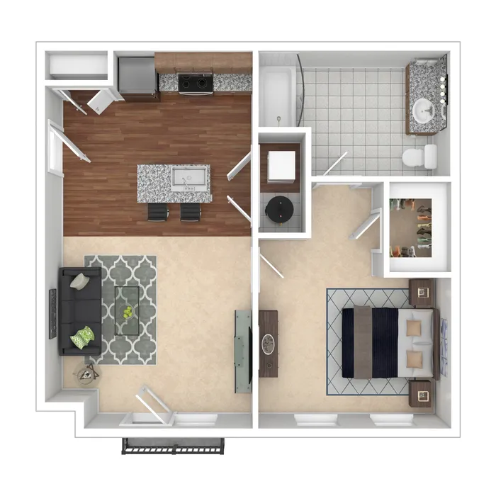 Modern 2D floor plan featuring a spacious layout with one bedroom, open-concept living and dining area, sleek kitchen, and contemporary bathroom design.