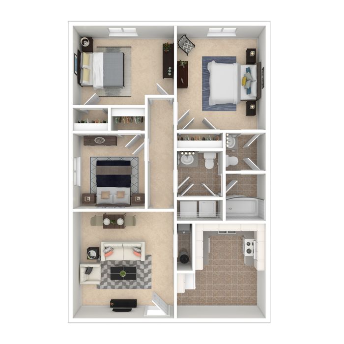 Modern 3D floor plan featuring 2 spacious bedrooms, a welcoming living area, and a fully equipped kitchen, ideal for contemporary living.