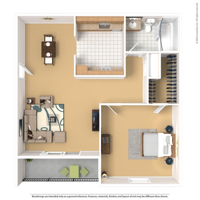Modern 2D floor plan featuring 1 spacious bedroom, open-concept living and dining area, sleek kitchen, and a private balcony.