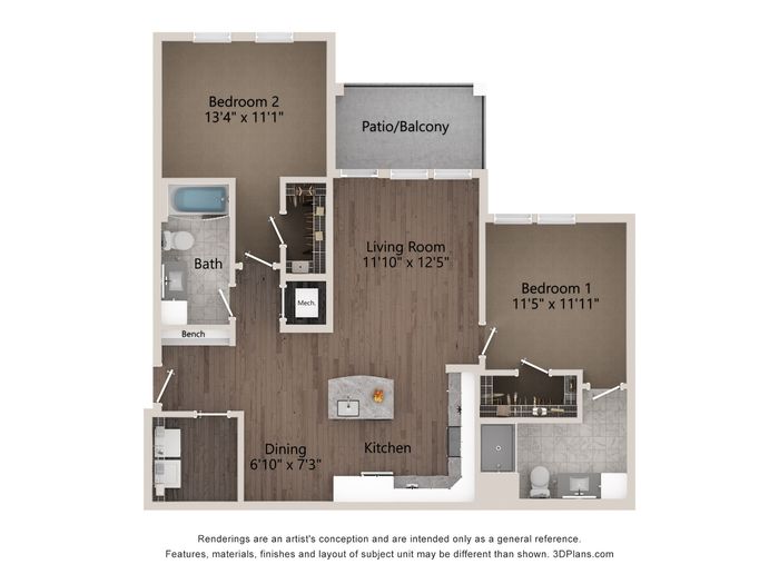 Modern floor plan featuring 2 bedrooms, open living room, and sleek kitchen with dining area. Includes a spacious bath and private patio/balcony, perfect for stylish living.