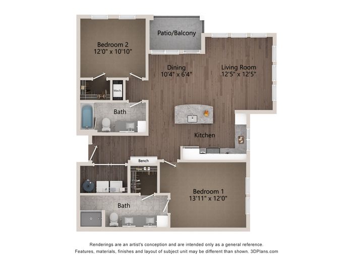 Contemporary floor plan with 2 bedrooms, open kitchen, dining area, and cozy living room, featuring a patio/balcony space.
