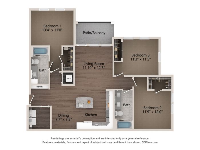 Elegant 3-bedroom apartment floor plan featuring a cozy living room, modern kitchen, and spacious patio/balcony.
