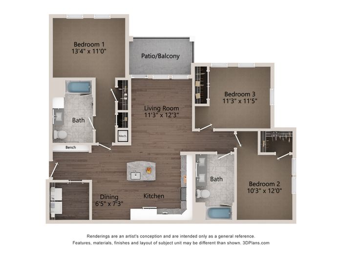 Modern floor plan showcasing 3 bedrooms, open living room area, stylish kitchen, and dual baths, with a cozy patio/balcony.