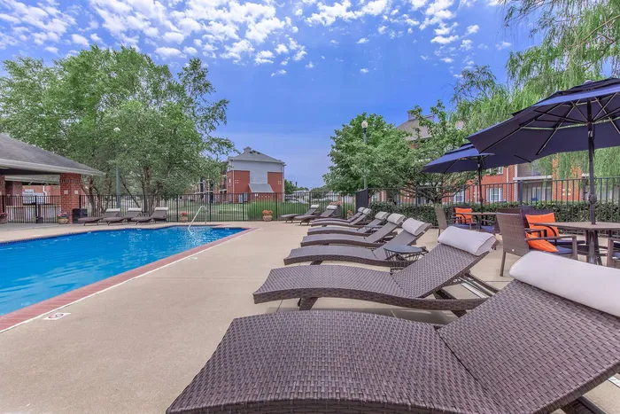 Inviting outdoor pool area with stylish lounge chairs, vibrant umbrellas, and lush greenery under a bright blue sky.