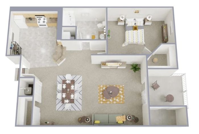 Charming 3D floor plan with elegant open dining and living area, cozy bedroom, modern kitchen, and inviting patio.