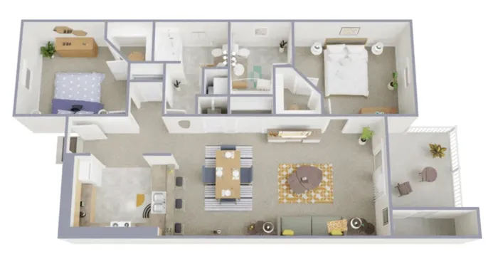 Contemporary floor plan featuring 2 bedrooms, open-concept living and dining area, modern kitchen, and a charming balcony.
