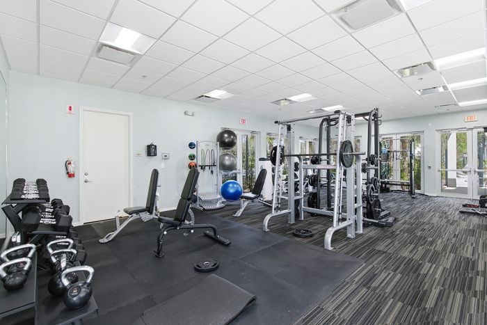 Modern fitness center featuring state-of-the-art gym equipment, spacious workout area, and bright natural lighting.