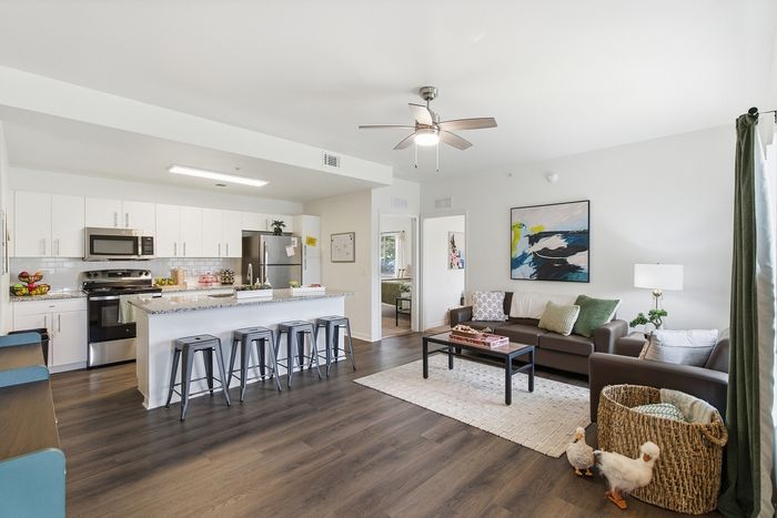 Bright and modern open-concept living area with sleek kitchen, cozy seating, and stylish decor accentuating the inviting space.