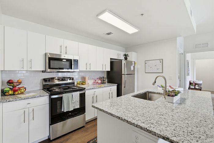 Modern kitchen with sleek granite countertops, stainless steel appliances, and stylish white cabinetry for a contemporary living experience.